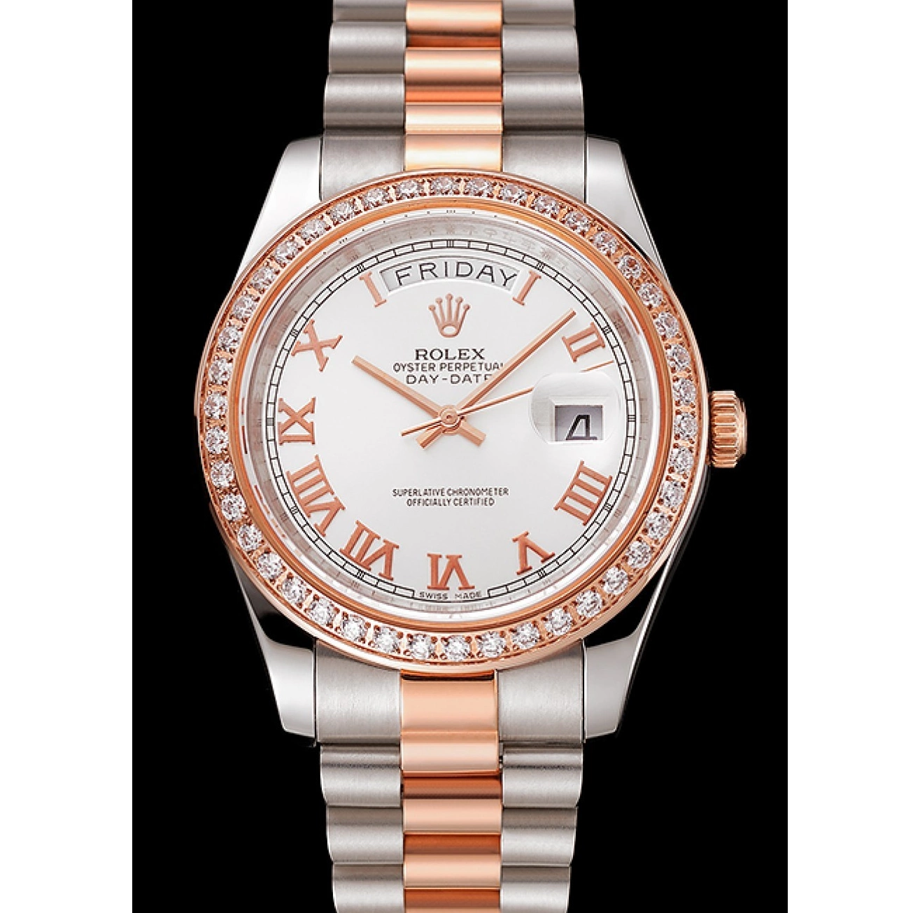 MiroTime 0817 Swiss Rolex Day-Date Diamonds Bezel White Dial Rose Gold And Staineless Steel Bracelet 1454108